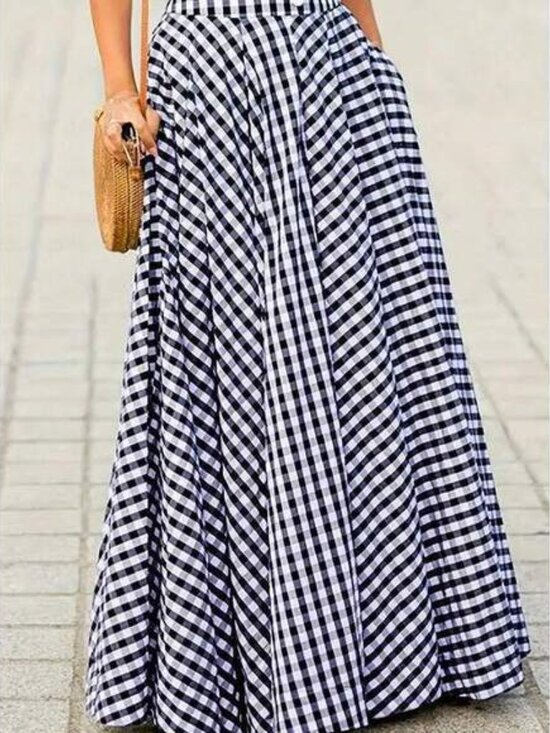 Women's Elegant Plaid Skirt, High Waist Wide Hem Flowy A-Line Skirt, Spring/Summ - Picture 4 of 4